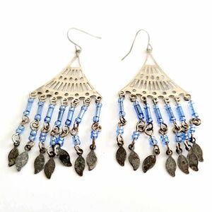 Vintage Silver Toned Baby Blue Beaded Chandelier Earrings